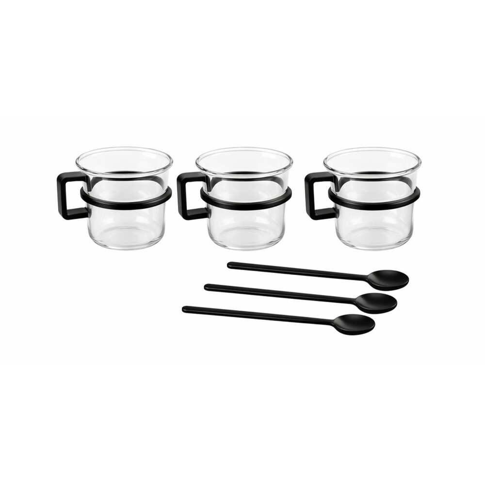 Bodum Coffee Mugs 4" Tall 3" Dia Set of 3 Glass Espresso Cups Black D-Handles
